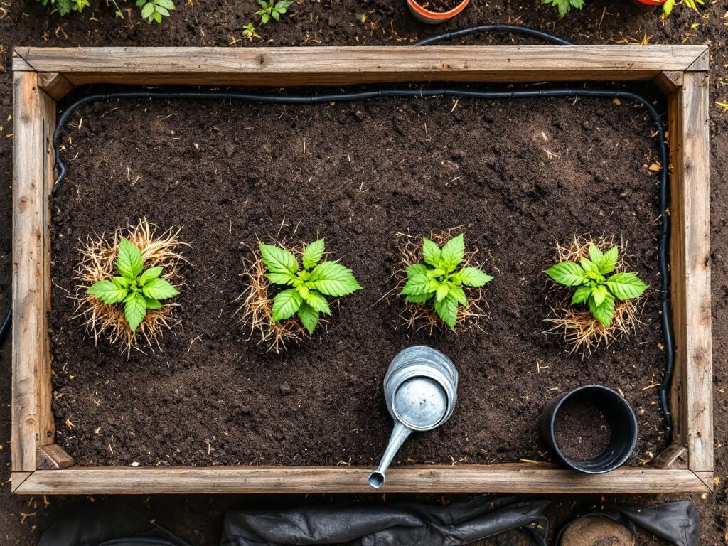 Four newly transplanted tomato seedlings in a mulched raised bed with a drip line and a watering can.