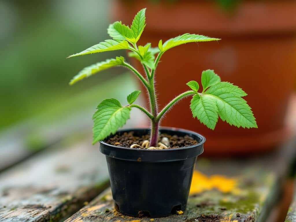 Close-up of a tomato seedling in a small pot showing cotyledons and true leaves on a wooden potting bench.