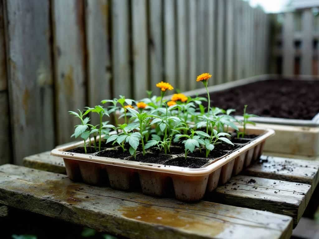 A tray of tomato and marigold seedlings hardening off on a garden bench in a shaded corner of a backyard.