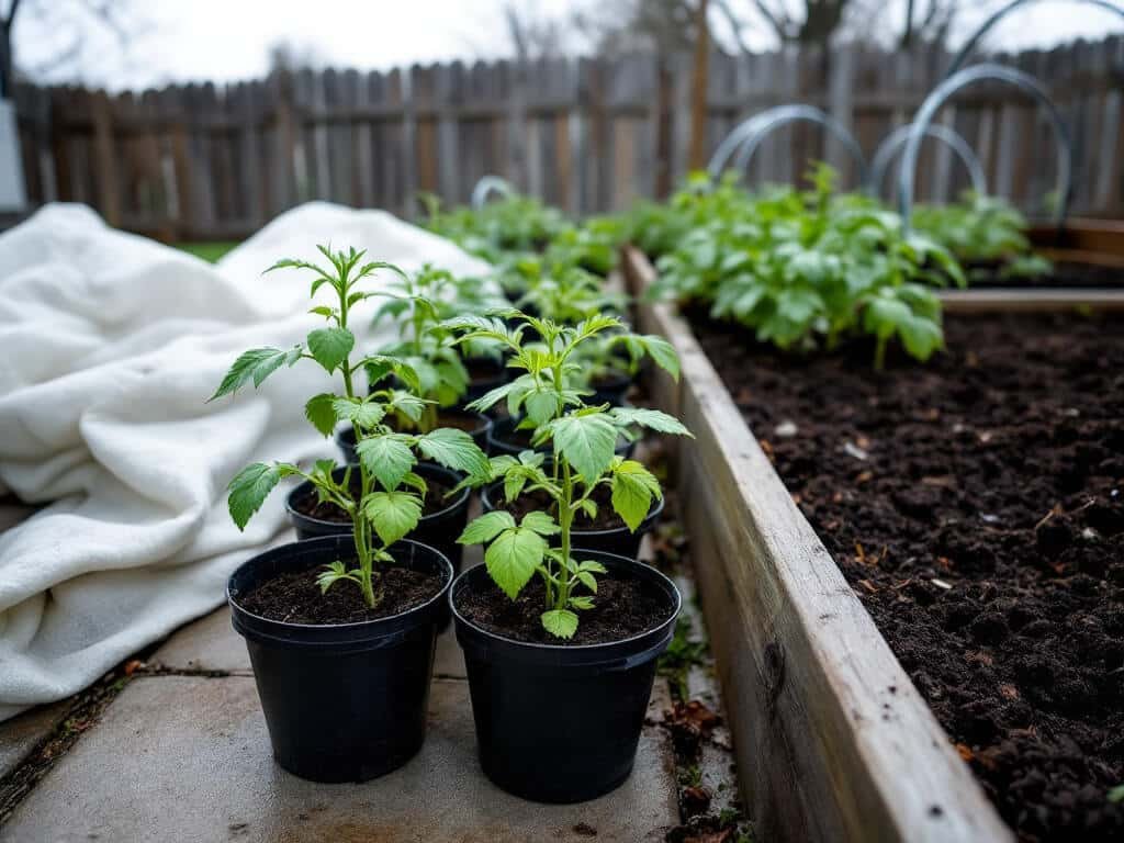 Tomato seedlings in pots beside an empty raised bed with folded row cover ready on the edge.