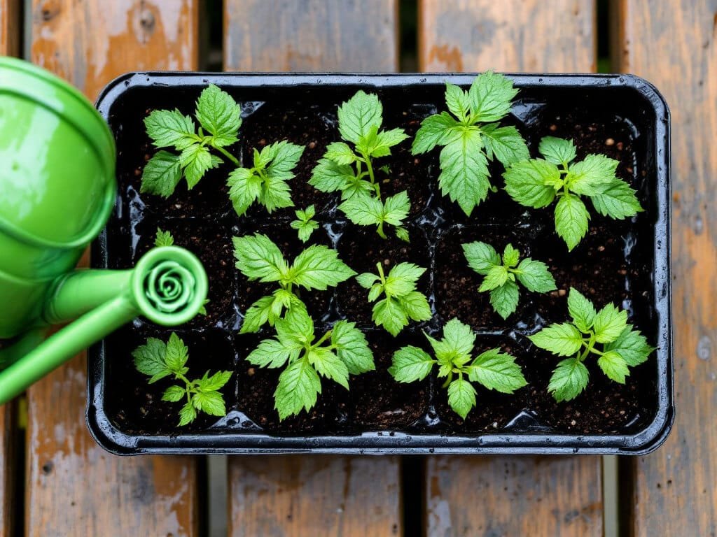 Top-down view of a tray of tomato seedlings with wet potting mix and a watering can at the corner.