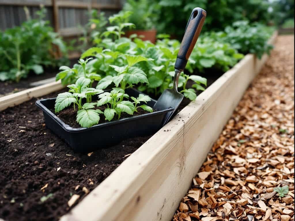 Tomato and lettuce seedlings ready to plant beside a raised bed under a cloudy sky with a trowel in the soil.