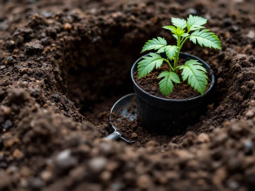 A wide planting hole in moist raised bed soil beside a potted tomato seedling and a trowel.