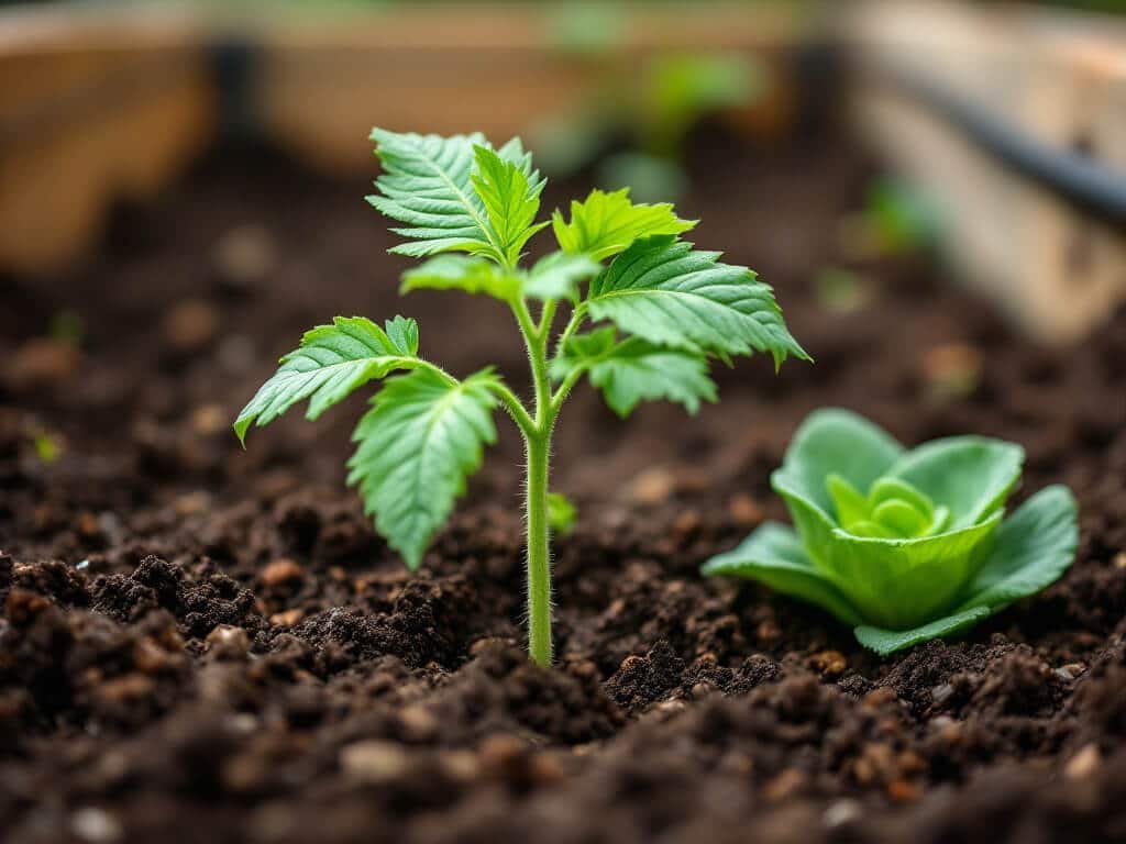 A newly planted tomato seedling set deep in raised bed soil with only its top leaves above ground.