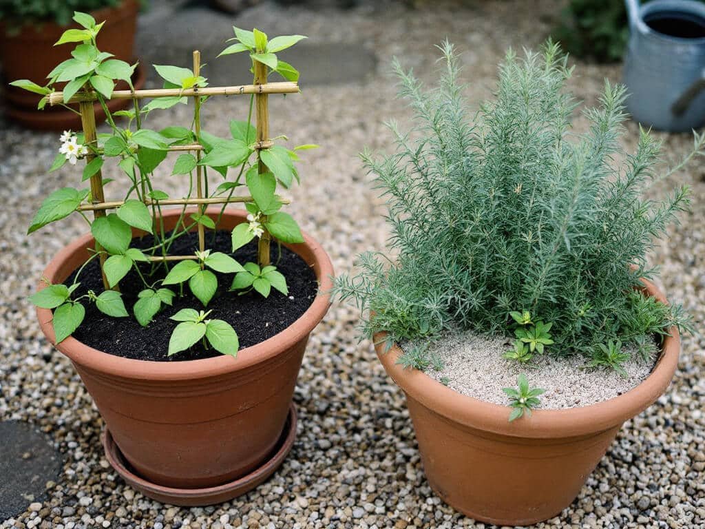 Pea plants on a trellis in one pot beside a separate pot of rosemary, sage and thyme on a patio.