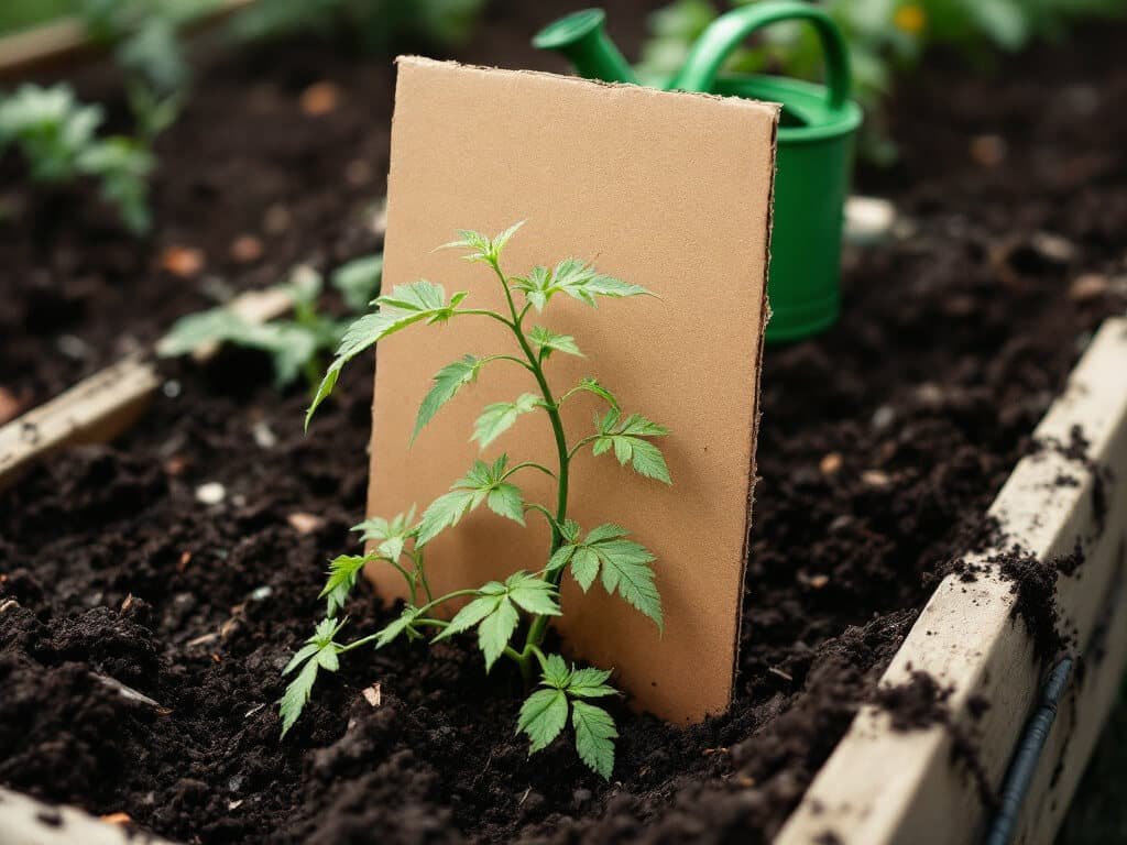A newly transplanted tomato seedling in wet soil with a cardboard shield propped beside it and a watering can nearby.