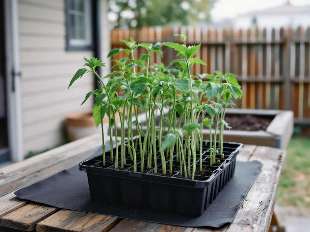 Leggy tomato seedlings with thin pale stems leaning in a cell tray on a patio potting bench.