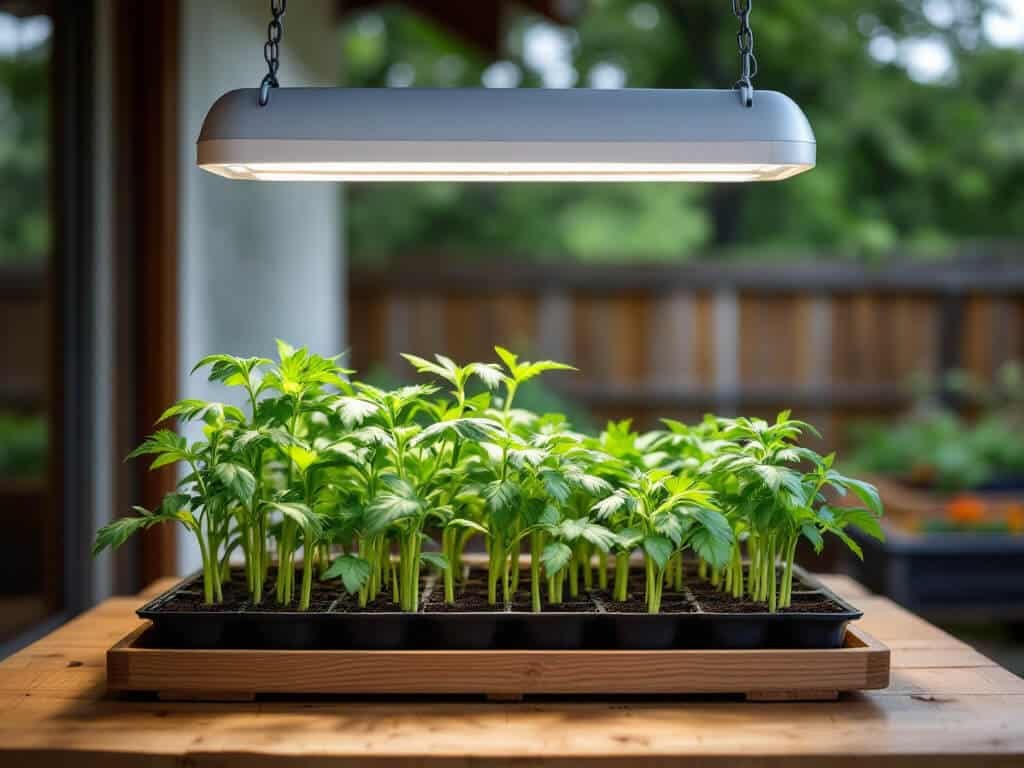 Sturdy tomato seedlings in a tray under an LED shop light hung close above them on a covered patio bench.