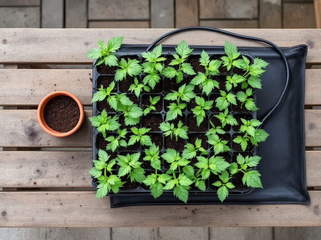 Tomato seedlings in a cell tray on a wooden bench with a heat mat moved aside.