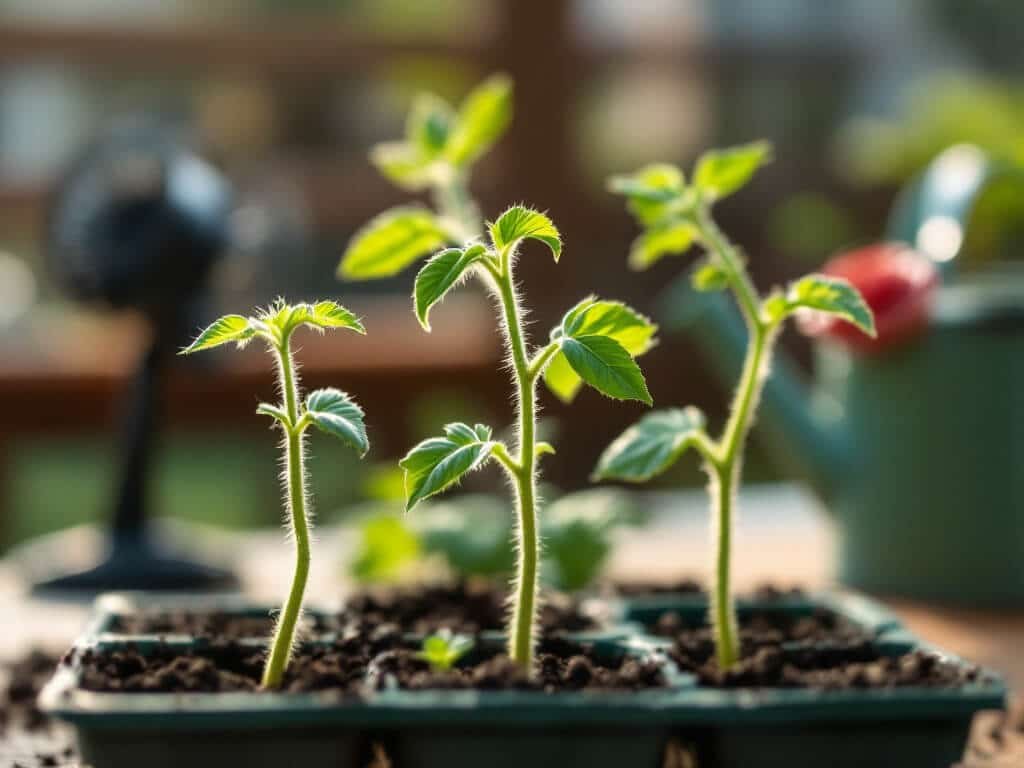 Close view of sturdy tomato seedling stems in damp mix with a small fan and watering can behind.
