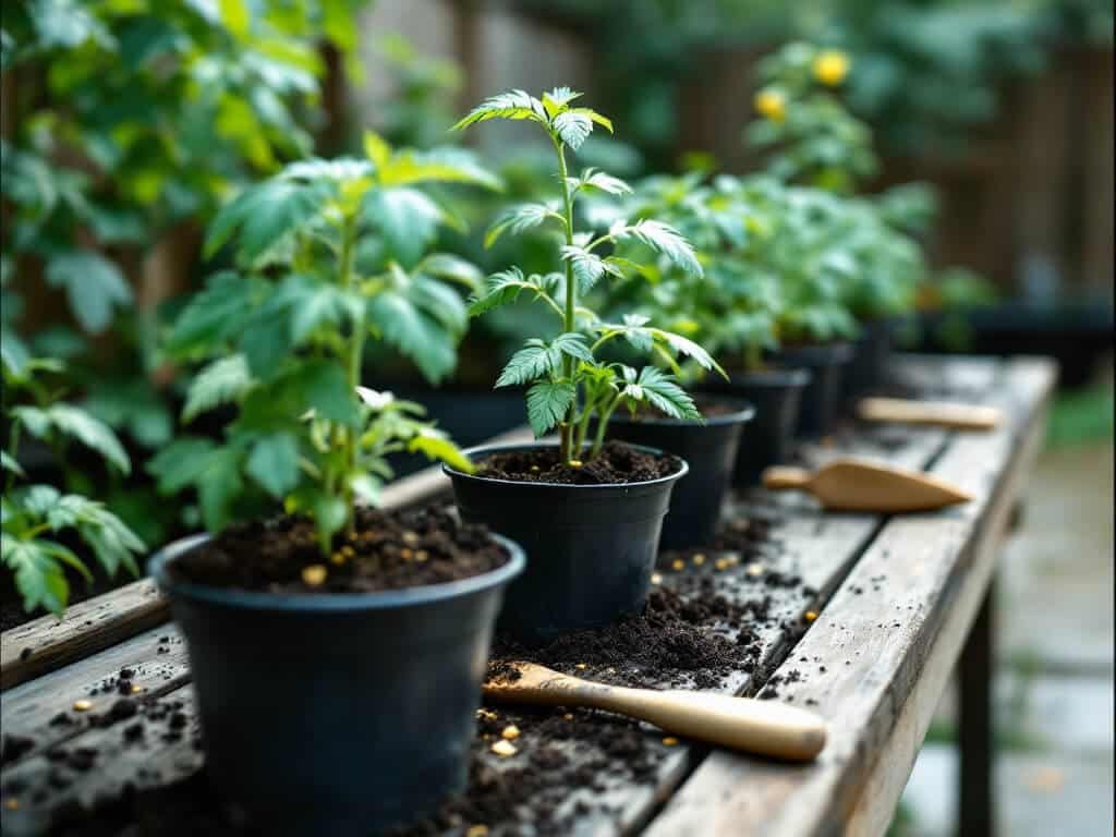 Row of tomato seedlings potted on into black pots with soil up to the first leaves, beside a dibber and trowel.