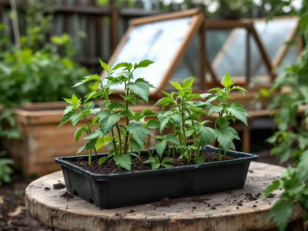 Stocky tomato seedlings in a tray hardening off in shade beside a raised bed and cold frame.