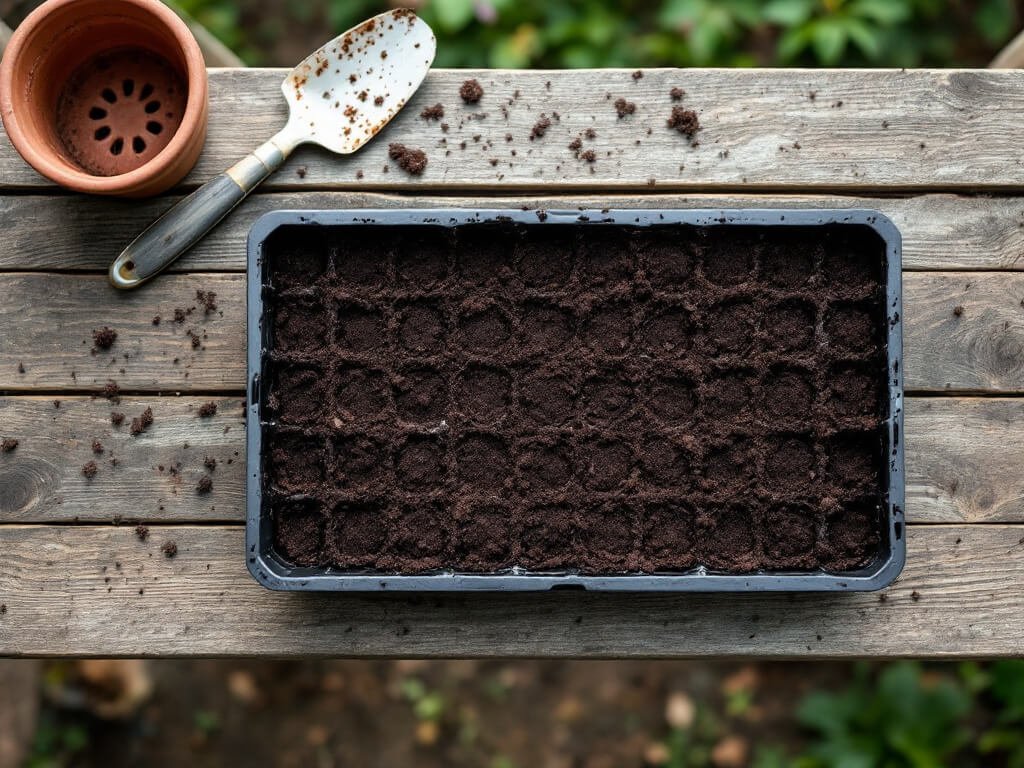 Cell tray filled with damp seed-starting mix on a potting bench, ready for sowing strawberry seeds.