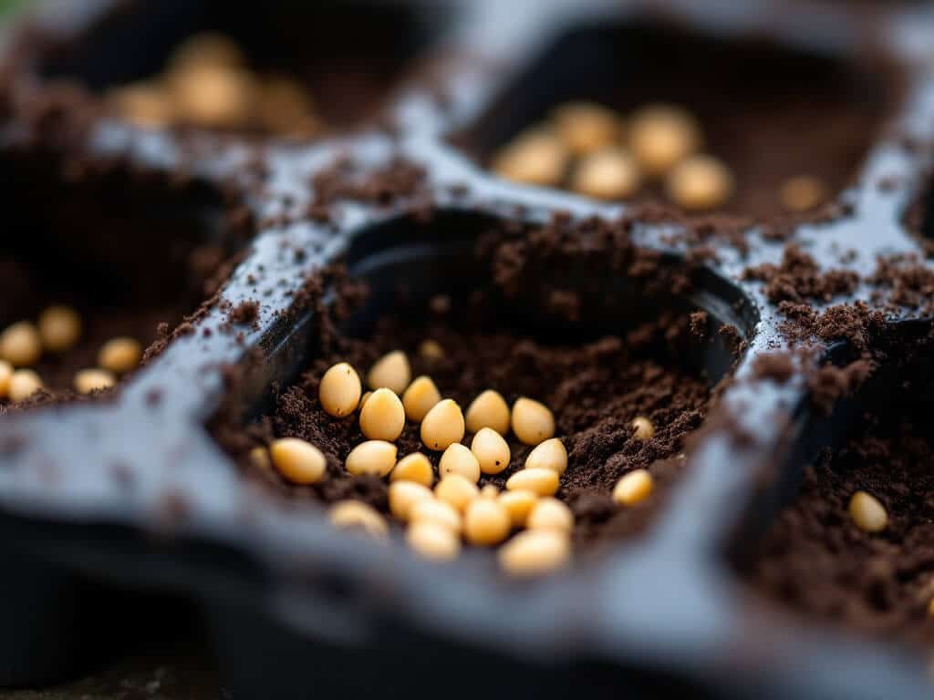 Tiny strawberry seeds sitting on the surface of moist seed-starting mix in a cell tray.