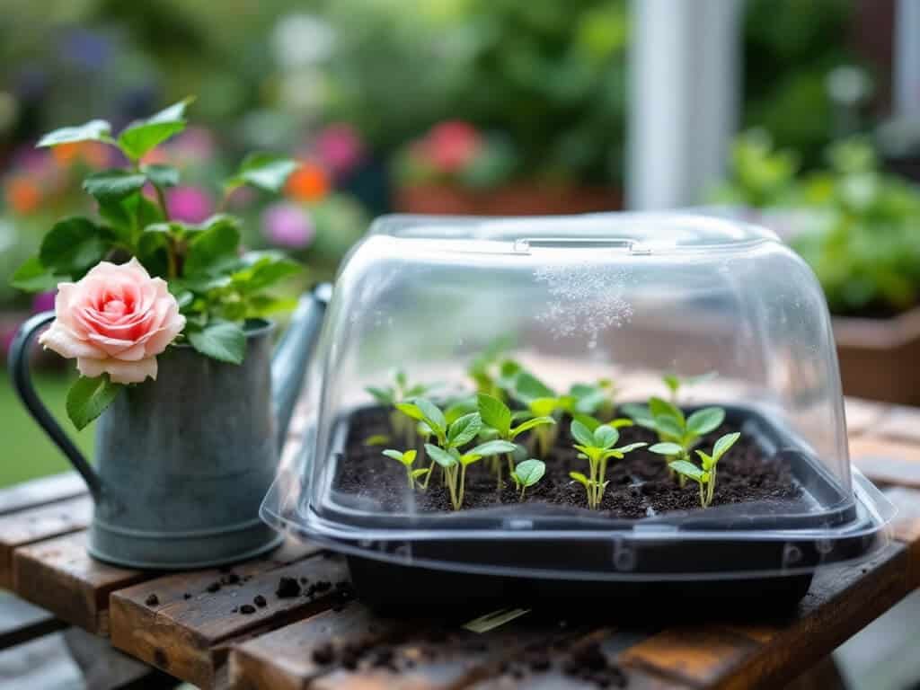 Tiny strawberry seedlings emerging in a tray under a clear humidity dome beside a watering can.