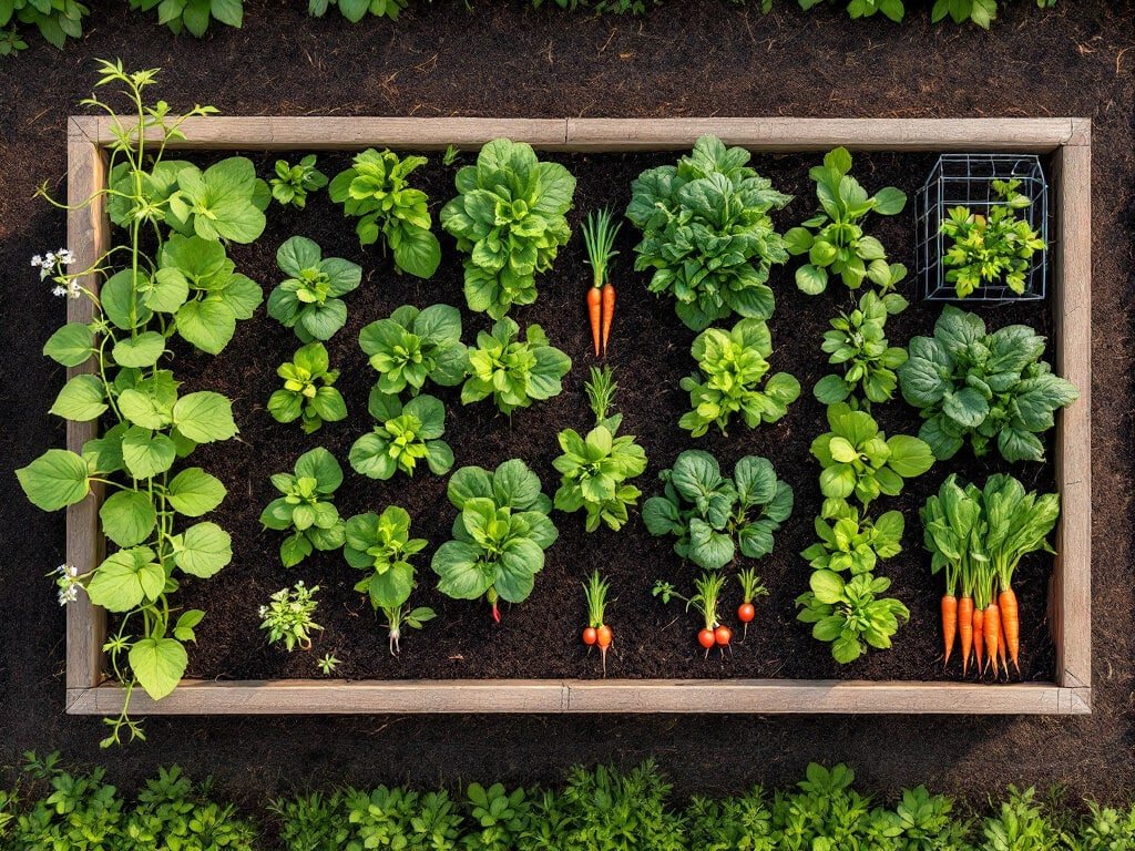 Overhead view of a raised bed with a pea trellis row beside lettuce, spinach, radishes, carrots and a tomato cage.