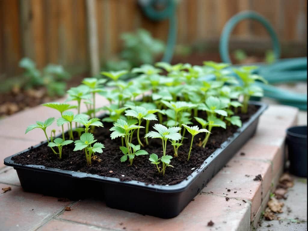 Tray of young strawberry seedlings set outside in a sheltered patio corner beside a wooden fence.
