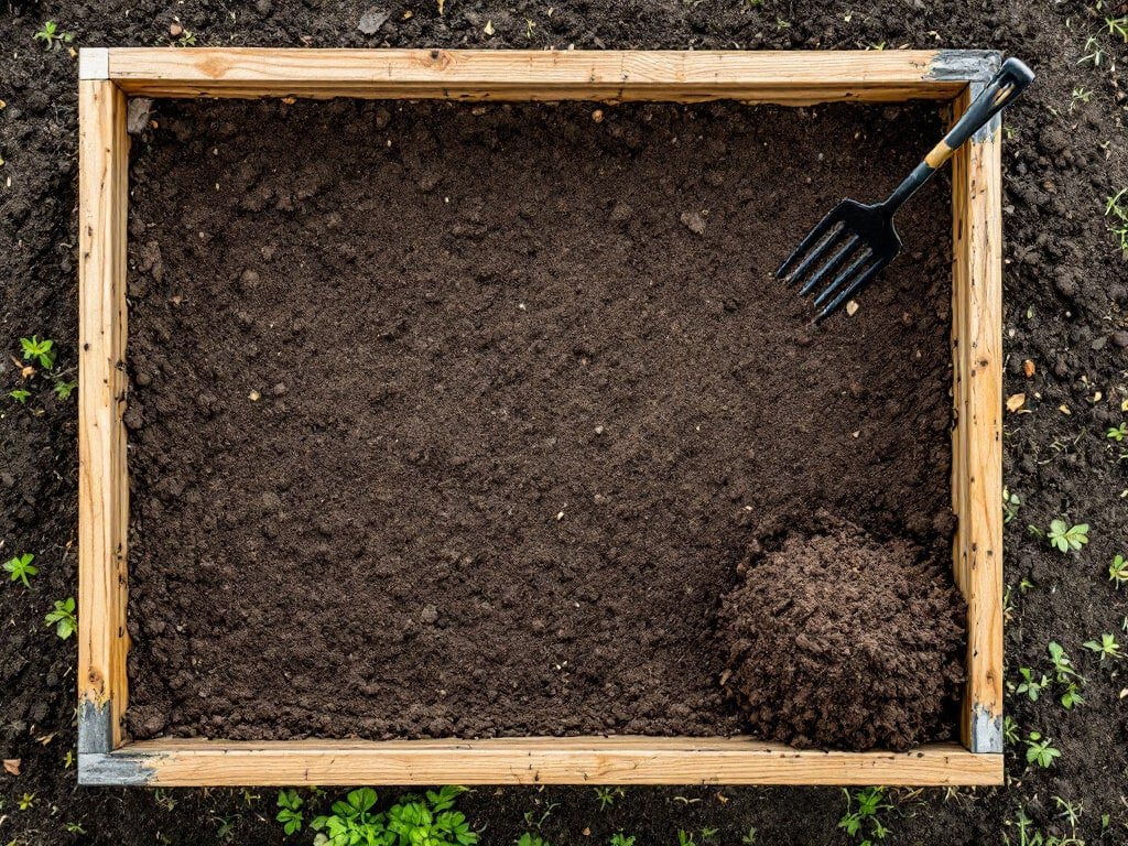 Raised garden bed with compost worked into dark loose soil, prepared for planting strawberry seedlings.