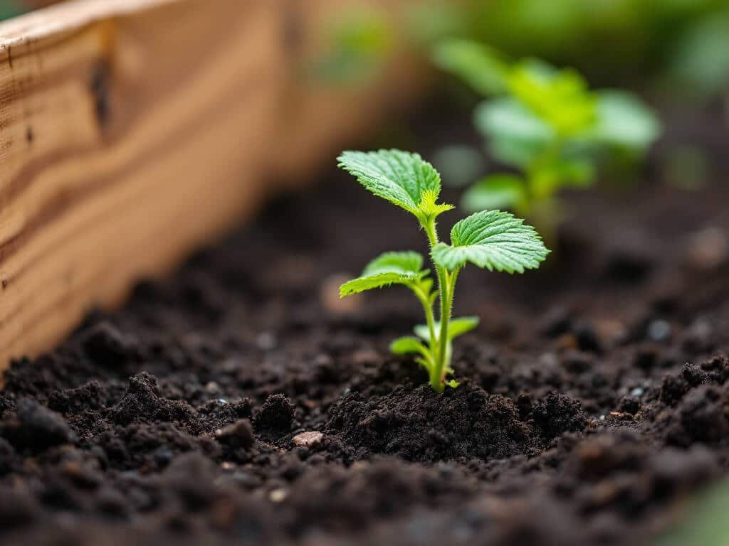 Newly planted strawberry seedling with its crown level with the soil and roots covered.