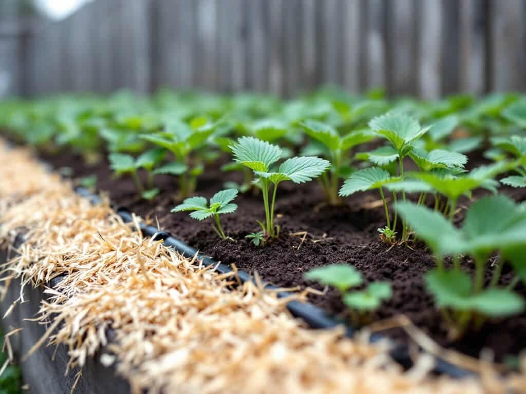 Young strawberry plants spaced evenly in a raised bed row with a drip line and straw mulch.
