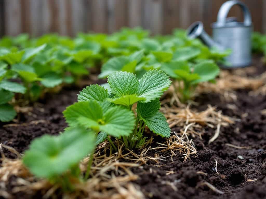 Freshly watered strawberry plants mulched with straw in a garden bed beside a watering can.