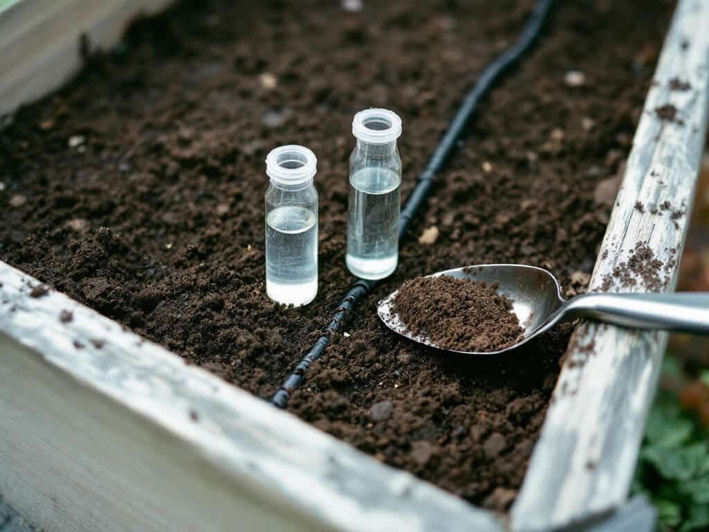 Soil test kit vials and a trowel on bare soil in a raised bed, a first step before using organic fertilizer.