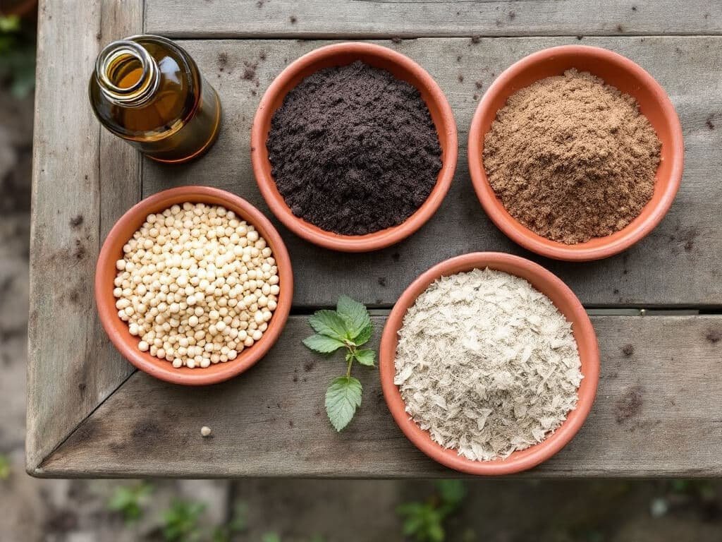 Four saucers of different organic fertilizer types, including compost and pellets, on a wooden garden table.