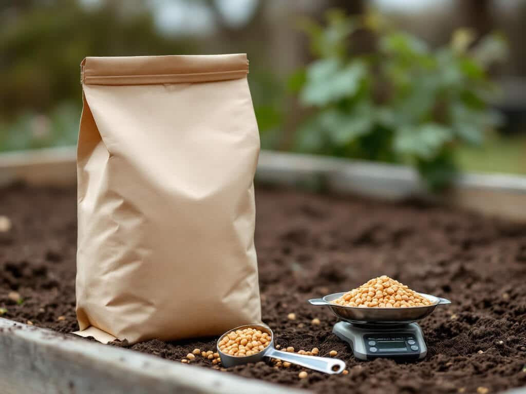Plain paper bag of organic fertilizer with a measuring scoop and small scale beside a garden bed.