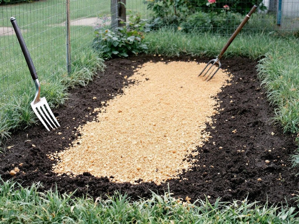 Garden bed with organic fertilizer spread over turned soil, a garden fork and a rake nearby.