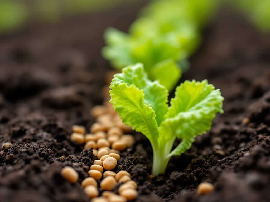Lettuce seedlings in a row with a separate band of organic fertilizer pellets in a furrow beside them.