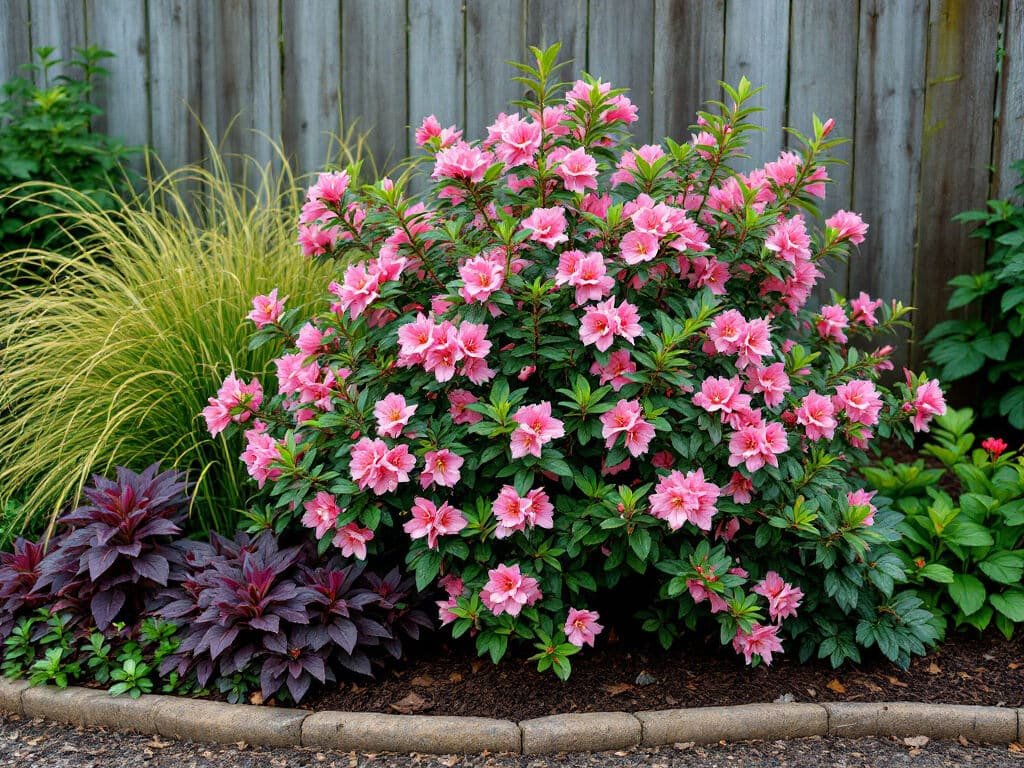 Pink-flowering azalea with Japanese forest grass, heuchera, and foamflower growing together in a shaded garden border.