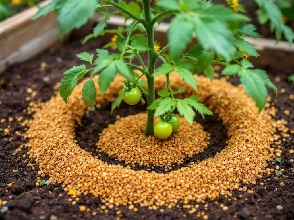 Tomato plant with a ring of organic fertilizer on the soil around it, kept clear of the stem.