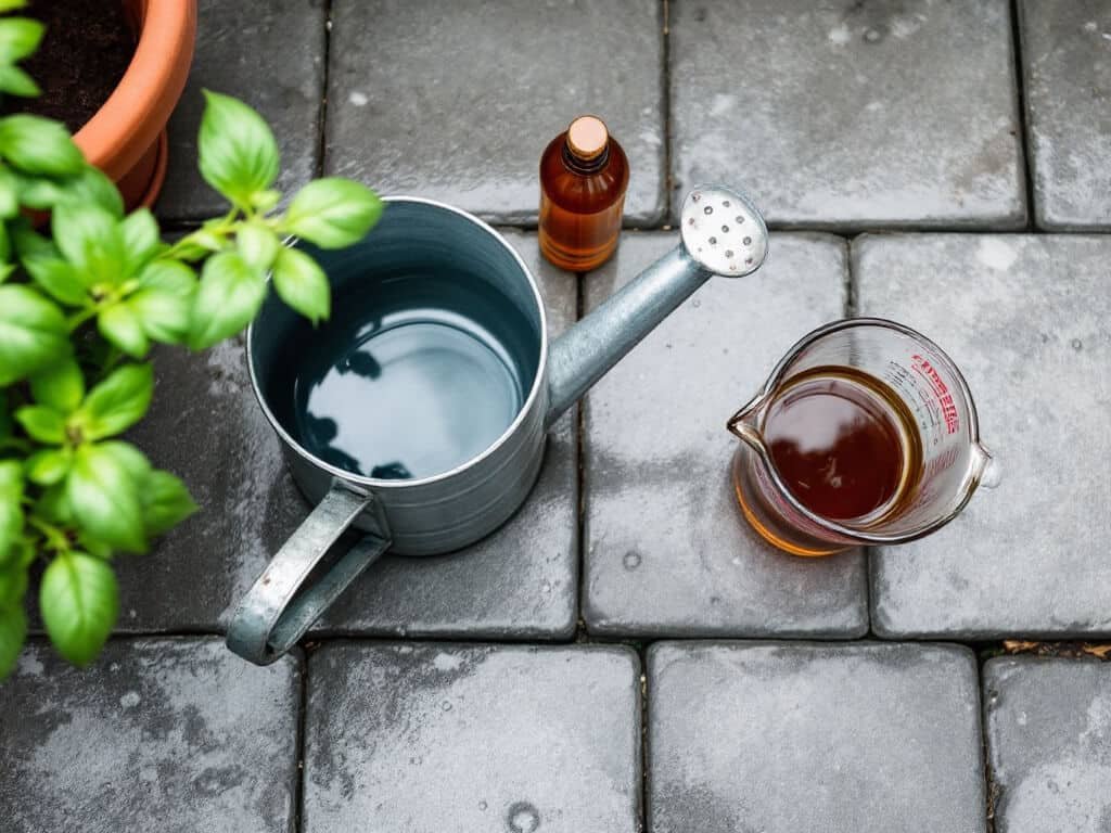 Watering can, measuring jug and bottle of liquid organic fertilizer on patio pavers beside a basil pot.