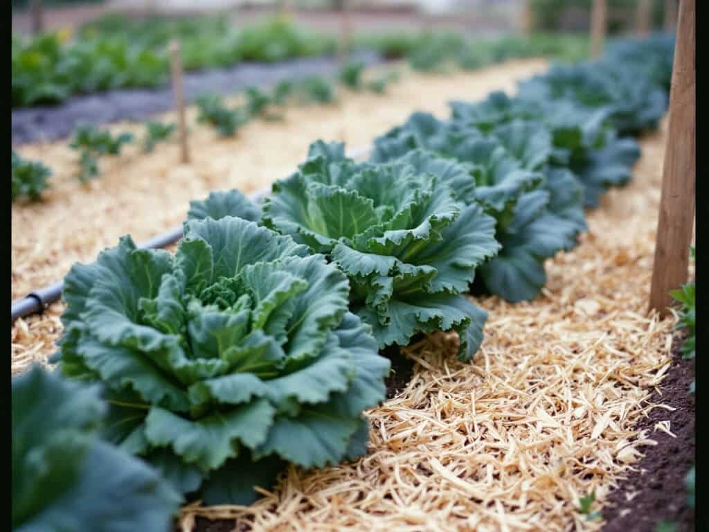 Row of healthy kale in a mulched raised bed, checked for growth before more organic fertilizer is applied.