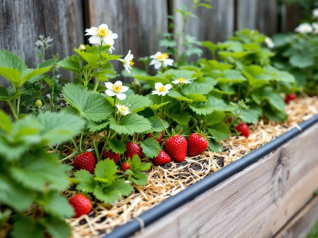 Strawberry plants with ripe berries in a raised bed, with garlic and coriander growing along the bed edge.