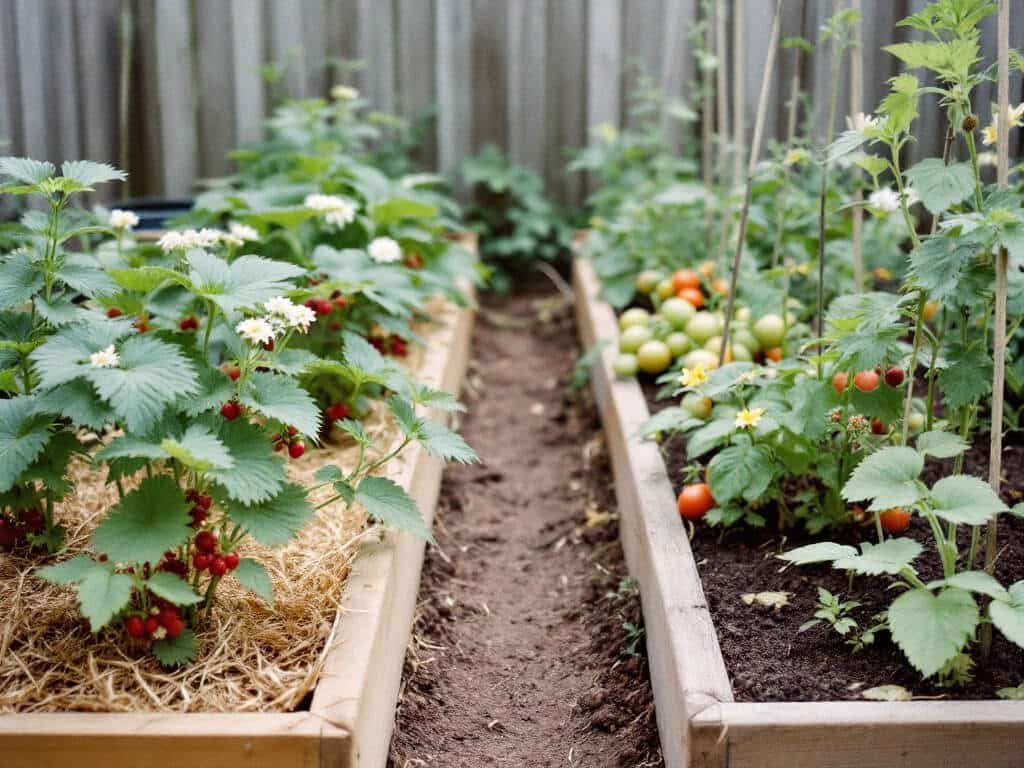 Strawberry bed and a separate bed of tomato and potato plants, kept apart by a garden path.