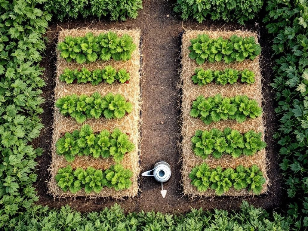 Overhead view of two spaced strawberry rows with drip lines and garlic planted along the bed's outer edge.