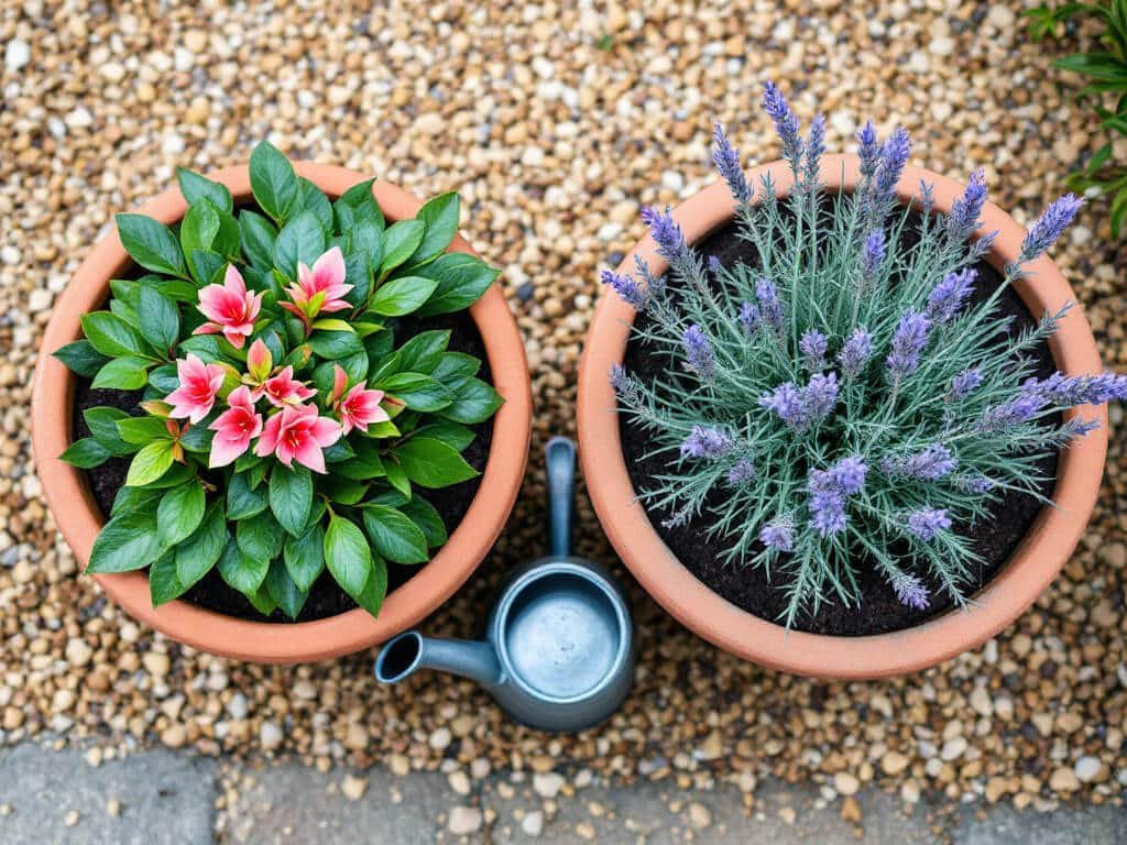An azalea and a lavender plant growing in separate terracotta pots on a gravel patio, showing incompatible plants kept apart.