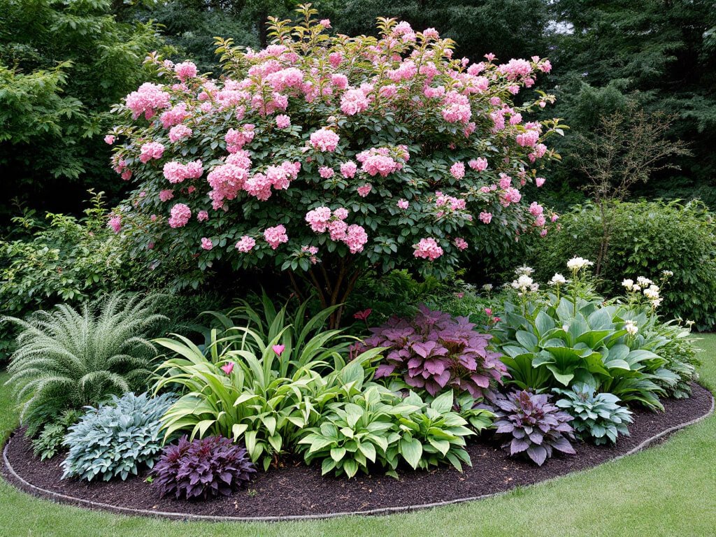Layered shade bed with an azalea at the back, bleeding heart, ferns, hosta, and groundcovers in front, and open mulch at the base.