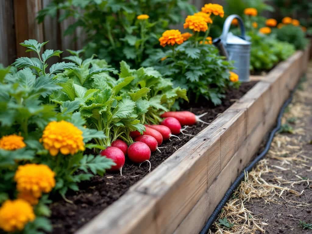 Radishes growing in a raised bed beside carrots, leaf lettuce and African marigolds.