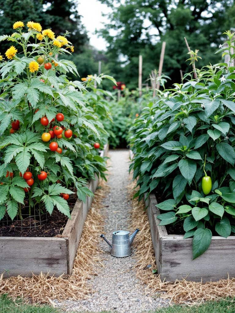 Tomato plant in one raised bed and potato and pepper plants in a separate bed, divided by a gravel path.