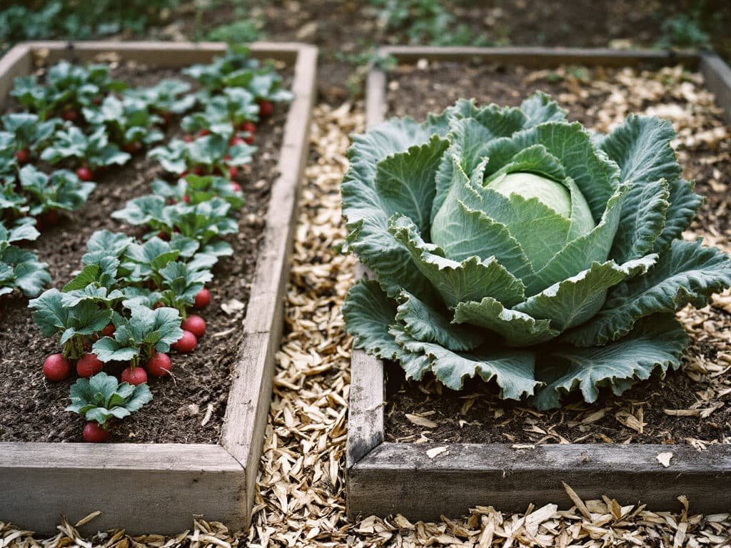 Radishes in one raised bed and cabbage and kale in a separate bed across a dirt path.