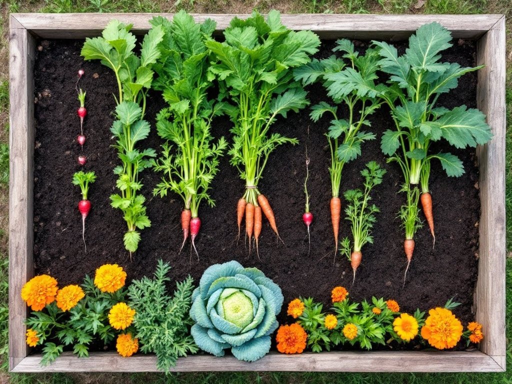 Top-down view of a raised bed with spaced radish, carrot and lettuce rows, broccoli and edge marigolds.