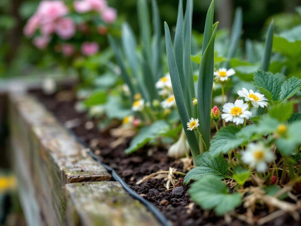 Garlic plants growing in a raised bed beside strawberry plants with berries, with a pink rose shrub behind.