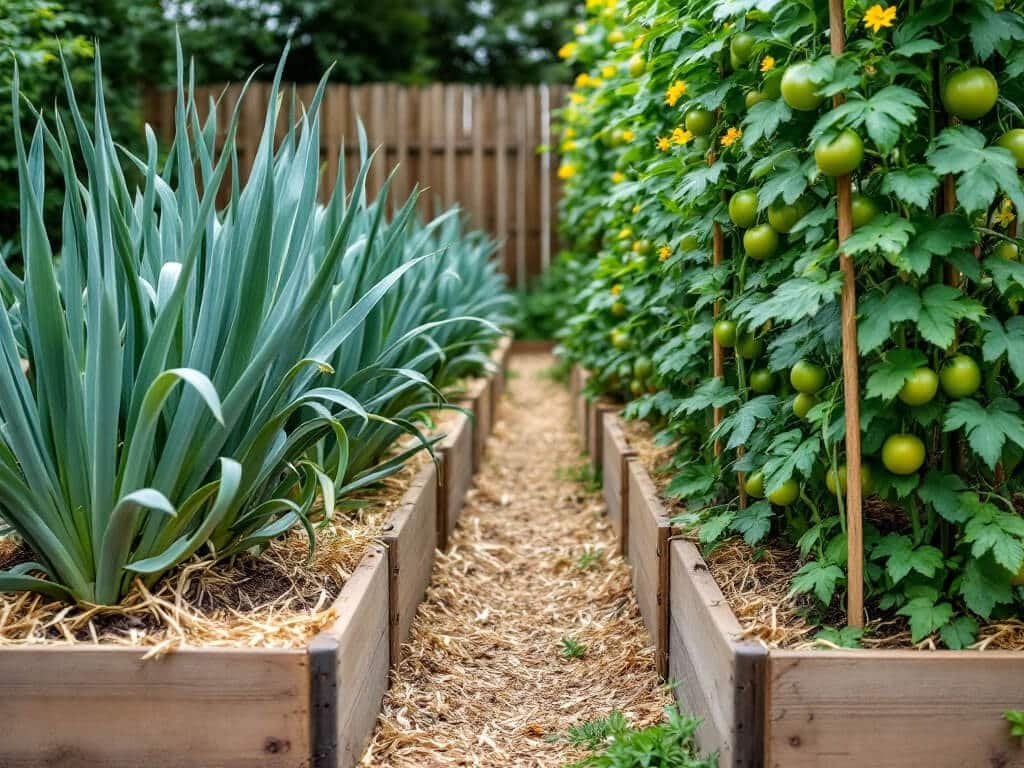 A raised garlic bed next to a separate raised bed of tall staked tomato plants, divided by a wood-chip path.