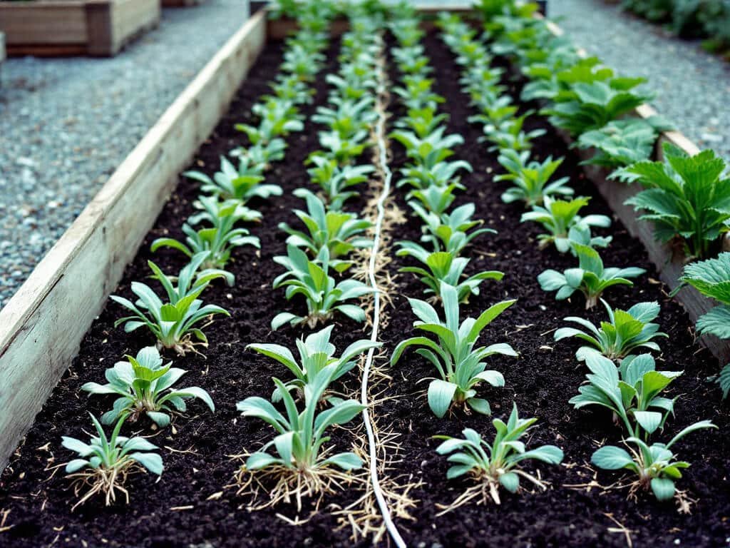 Evenly spaced rows of garlic in a raised bed with a separate row of strawberry plants along the far edge.