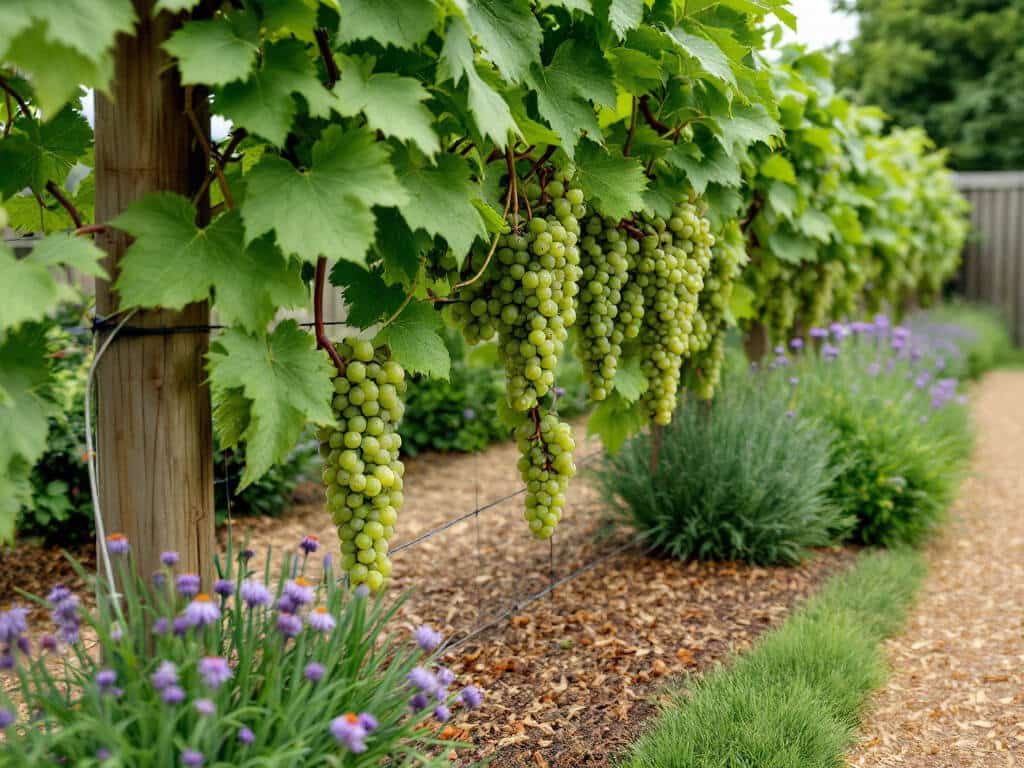 Grapevine on a wire trellis with bare soil beneath and chives, thyme, and purple coneflower along the bed edge.