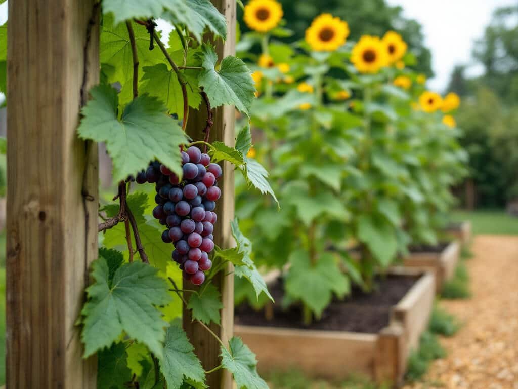 Grapevine on a trellis in one raised bed with tall sunflowers growing in a separate bed behind it.