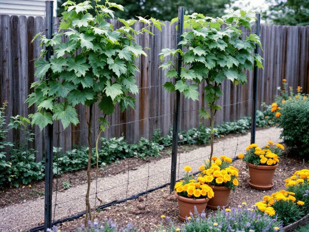 Two grapevines on a wire trellis with bare soil beneath and potted marigolds and thyme placed outside the trellis area.