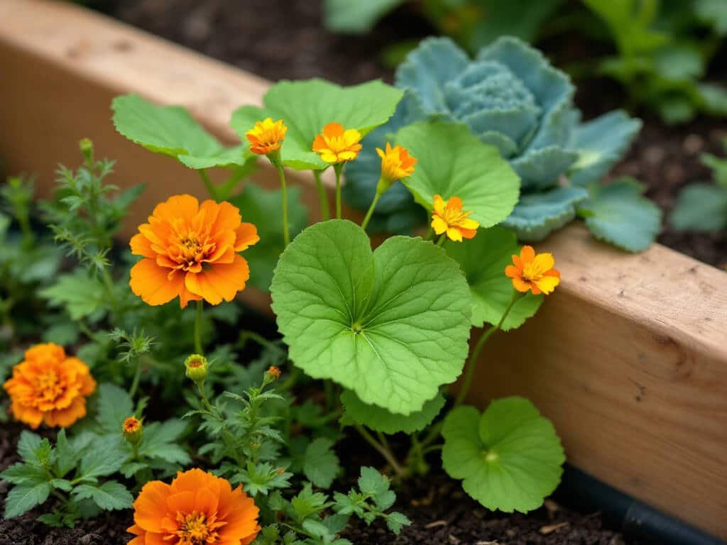 Bush nasturtium growing beside broccoli, French marigold, and thyme at the edge of a raised garden bed.